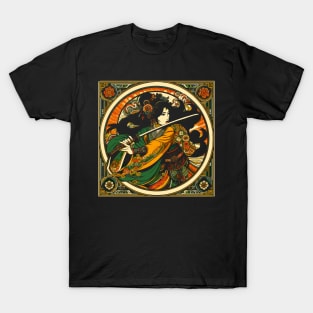 Chinese Swordswoman in a Mucha Art Nouveau Style T-Shirt